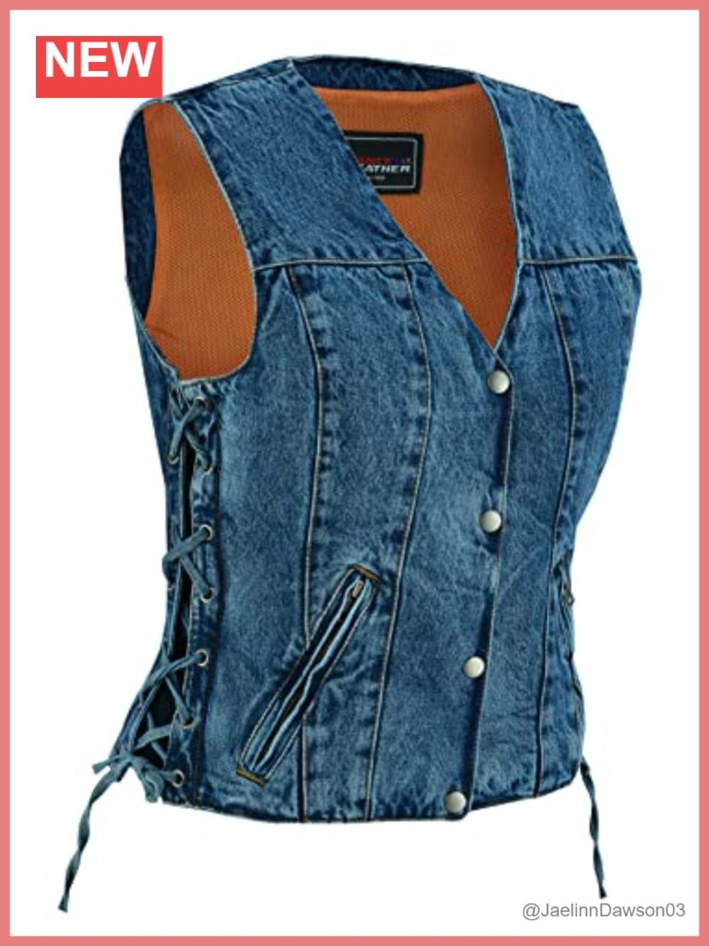 Denim V-Neck Biker Vest Side Laces Dual Interior Pockets Sleeveless